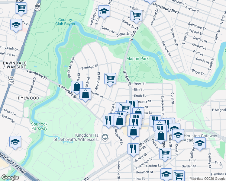map of restaurants, bars, coffee shops, grocery stores, and more near 1952 Santa Rosa Street in Houston