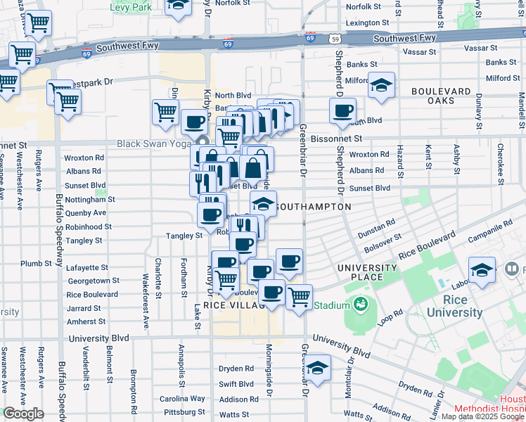 map of restaurants, bars, coffee shops, grocery stores, and more near 2404 Nottingham Street in Houston