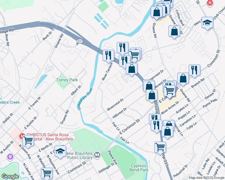 map of restaurants, bars, coffee shops, grocery stores, and more near 1202 Hanz Drive in New Braunfels