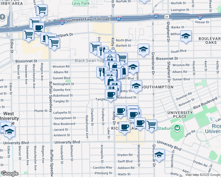 map of restaurants, bars, coffee shops, grocery stores, and more near 2620 Nottingham Street in Houston
