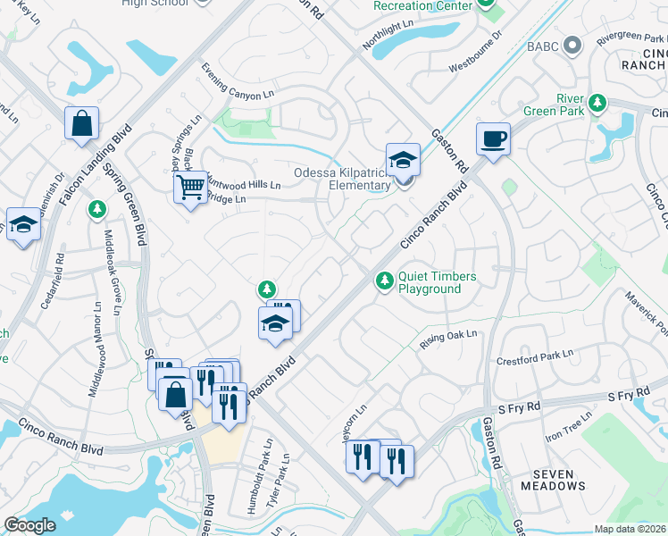 map of restaurants, bars, coffee shops, grocery stores, and more near 4918 Slate River Lane in Katy
