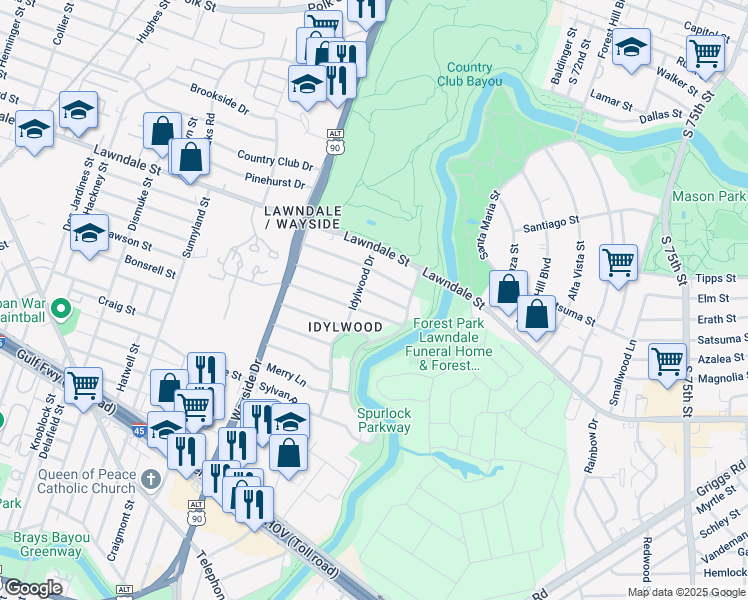 map of restaurants, bars, coffee shops, grocery stores, and more near 6703 Fairfield Street in Houston
