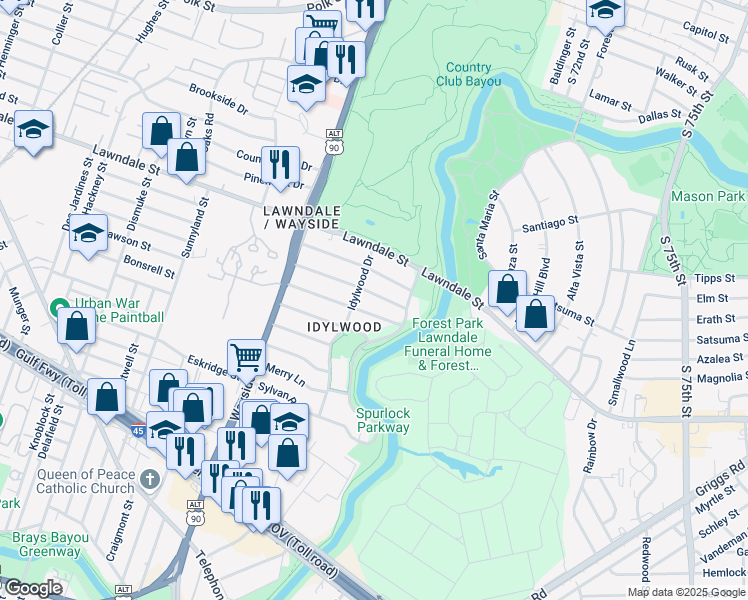 map of restaurants, bars, coffee shops, grocery stores, and more near 6703 Fairfield Street in Houston