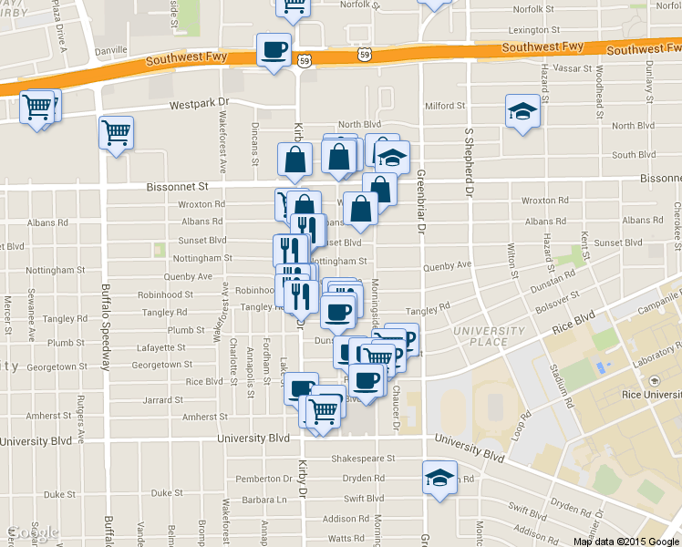 map of restaurants, bars, coffee shops, grocery stores, and more near 2436 Nottingham Street in Houston
