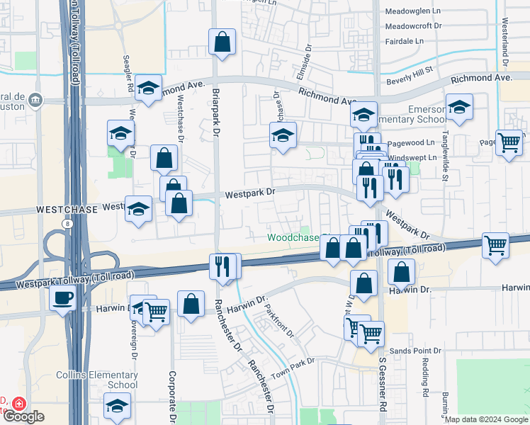 map of restaurants, bars, coffee shops, grocery stores, and more near 10102 Woodchase Drive in Houston