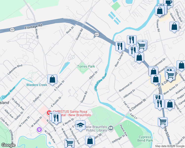 map of restaurants, bars, coffee shops, grocery stores, and more near 859 Albert Street in New Braunfels