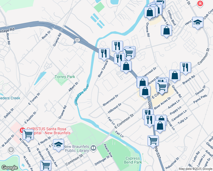 map of restaurants, bars, coffee shops, grocery stores, and more near 1202 Hanz Drive in New Braunfels