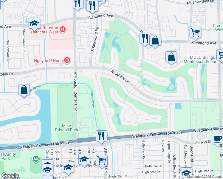 map of restaurants, bars, coffee shops, grocery stores, and more near 11727 Bistro Lane in Houston