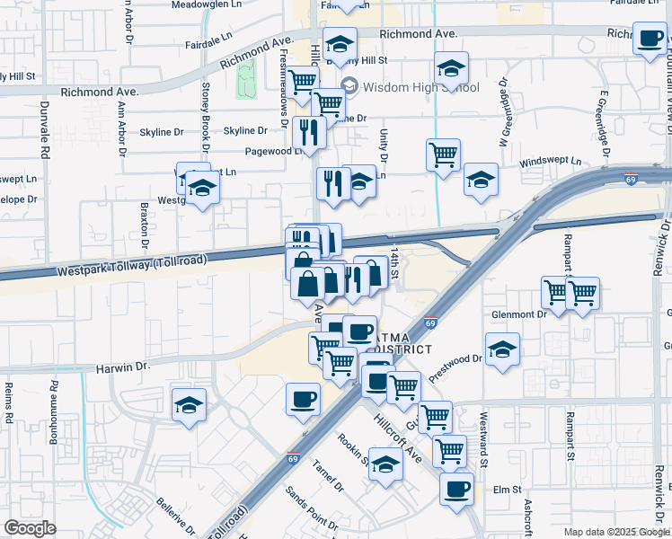 map of restaurants, bars, coffee shops, grocery stores, and more near in Houston