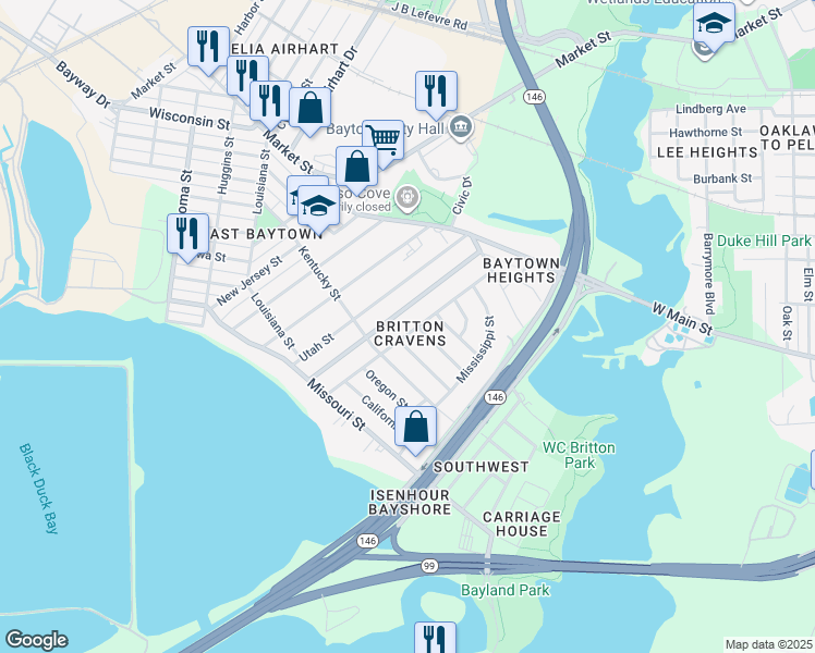 map of restaurants, bars, coffee shops, grocery stores, and more near 1806 Alabama Street in Baytown