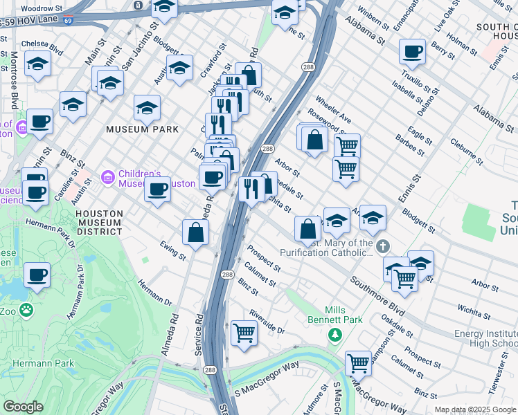 map of restaurants, bars, coffee shops, grocery stores, and more near 2222 Wichita Street in Houston