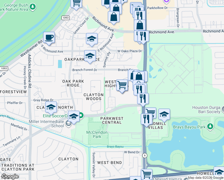 map of restaurants, bars, coffee shops, grocery stores, and more near 14906 Westpark Drive in Houston