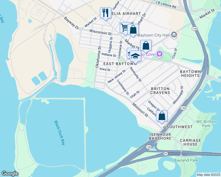 map of restaurants, bars, coffee shops, grocery stores, and more near 2328 New Jersey Street in Baytown