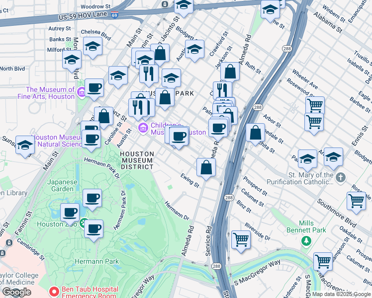 map of restaurants, bars, coffee shops, grocery stores, and more near 5409 Chenevert Street in Houston