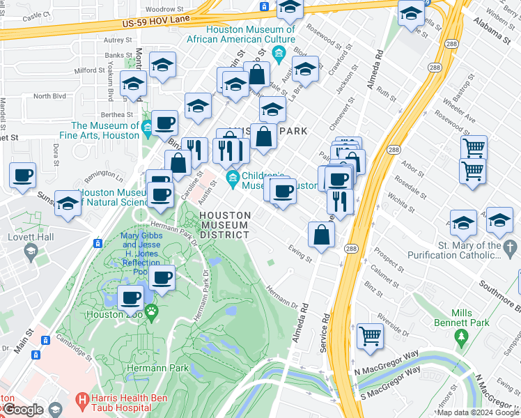 map of restaurants, bars, coffee shops, grocery stores, and more near 1615 Binz Street in Houston