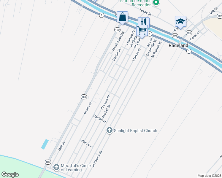 map of restaurants, bars, coffee shops, grocery stores, and more near 516-698 St Philip St in Raceland
