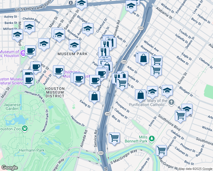 map of restaurants, bars, coffee shops, grocery stores, and more near 2111 Southmore Blvd in Houston