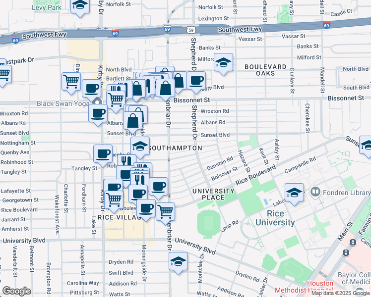 map of restaurants, bars, coffee shops, grocery stores, and more near 2219 Quenby Street in Houston