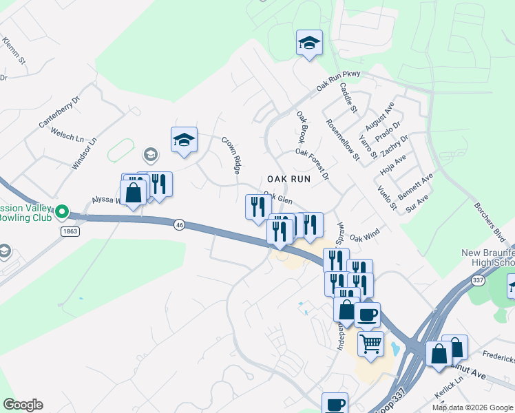 map of restaurants, bars, coffee shops, grocery stores, and more near 231 Oak Court in New Braunfels
