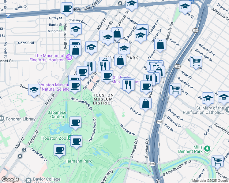 map of restaurants, bars, coffee shops, grocery stores, and more near 1615 Hermann Drive in Houston