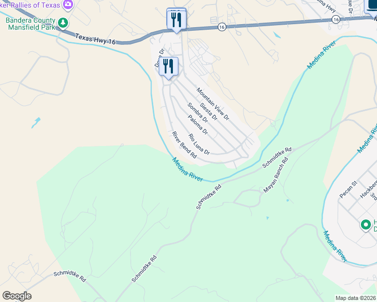 map of restaurants, bars, coffee shops, grocery stores, and more near 772 River Bend Road in Bandera