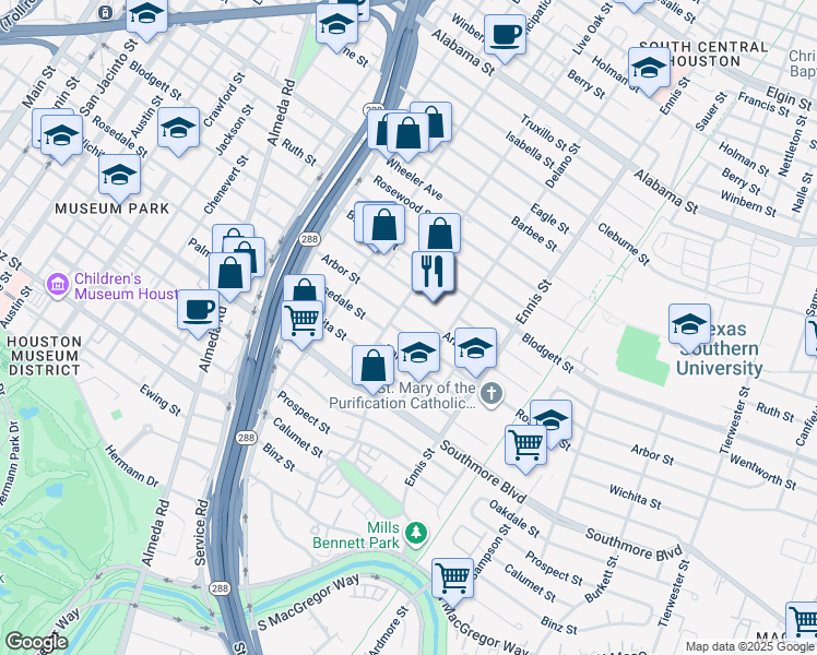 map of restaurants, bars, coffee shops, grocery stores, and more near 2604 Arbor Street in Houston