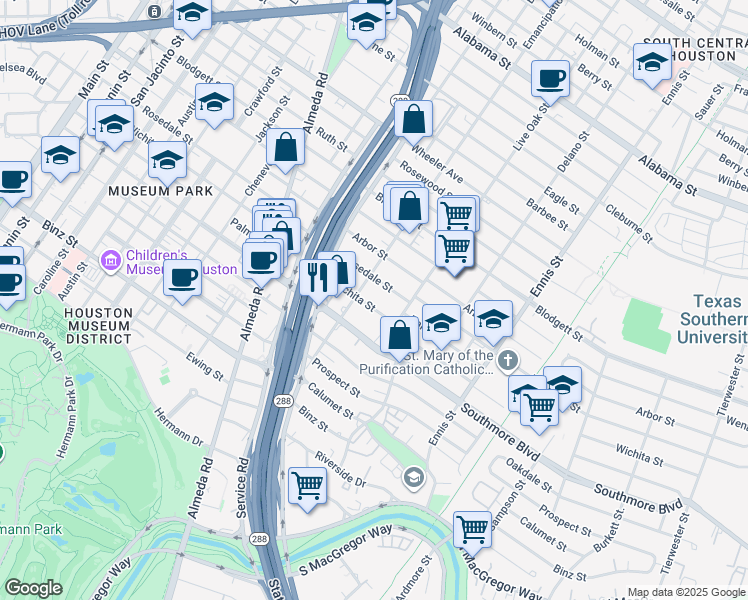 map of restaurants, bars, coffee shops, grocery stores, and more near 2317 Wichita Street in Houston