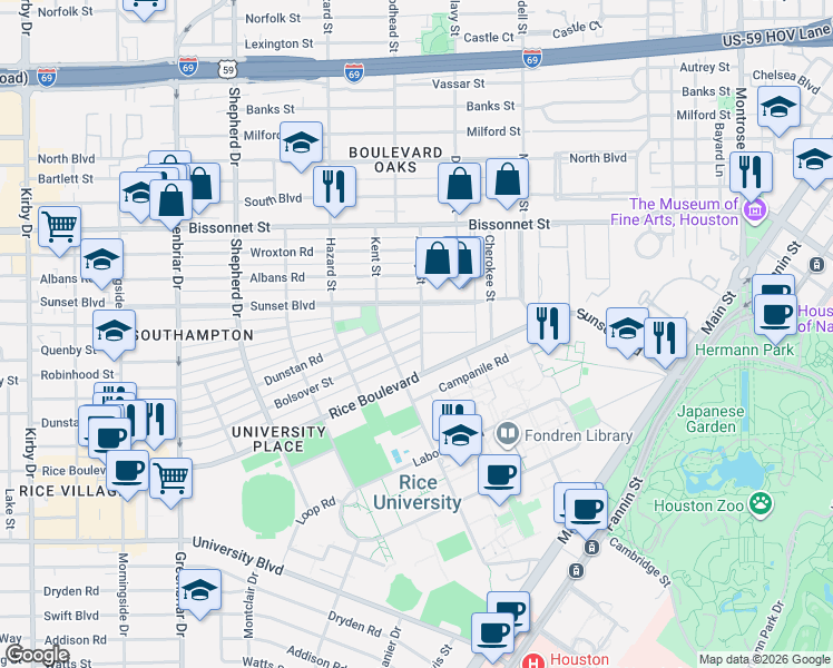 map of restaurants, bars, coffee shops, grocery stores, and more near 1763 Sunset Boulevard in Houston
