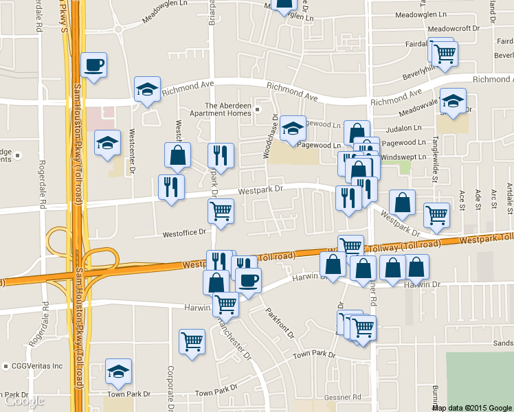 map of restaurants, bars, coffee shops, grocery stores, and more near 10102 Woodchase Drive in Houston