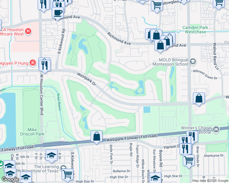 map of restaurants, bars, coffee shops, grocery stores, and more near 11627 Versailles Lakes Lane in Houston