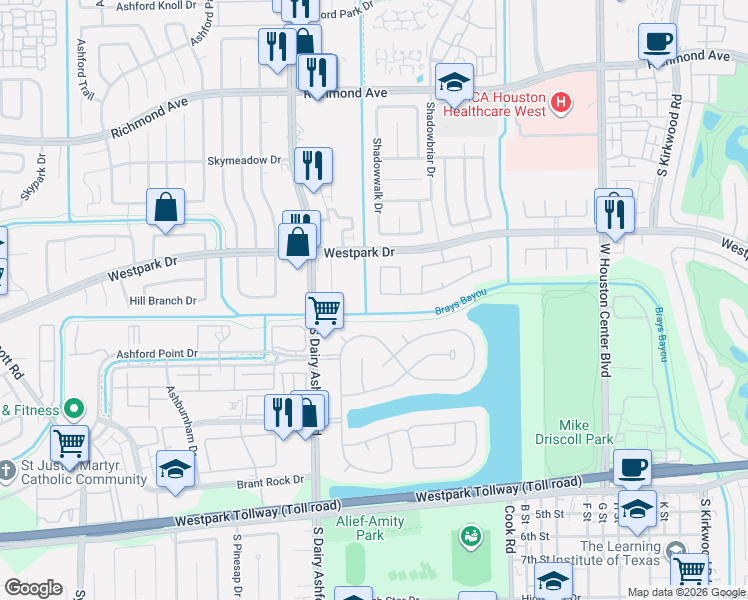 map of restaurants, bars, coffee shops, grocery stores, and more near 3522 Shadowwalk Drive in Houston