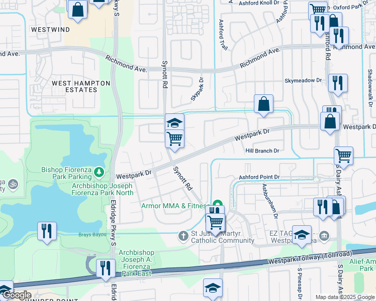 map of restaurants, bars, coffee shops, grocery stores, and more near 13100 Westpark Drive in Houston