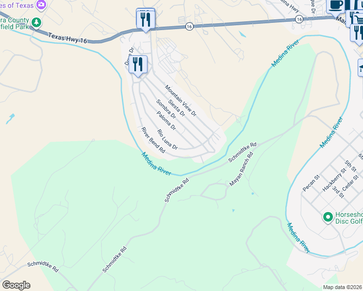map of restaurants, bars, coffee shops, grocery stores, and more near 477 Plum Cove Road in Bandera