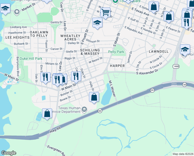map of restaurants, bars, coffee shops, grocery stores, and more near 1319 South Main Street in Baytown