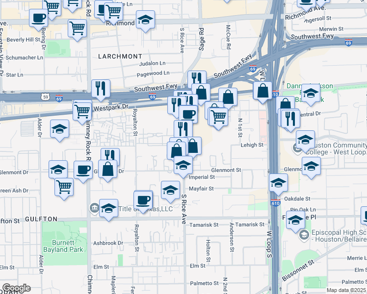 map of restaurants, bars, coffee shops, grocery stores, and more near 5524 South Rice Avenue in Houston