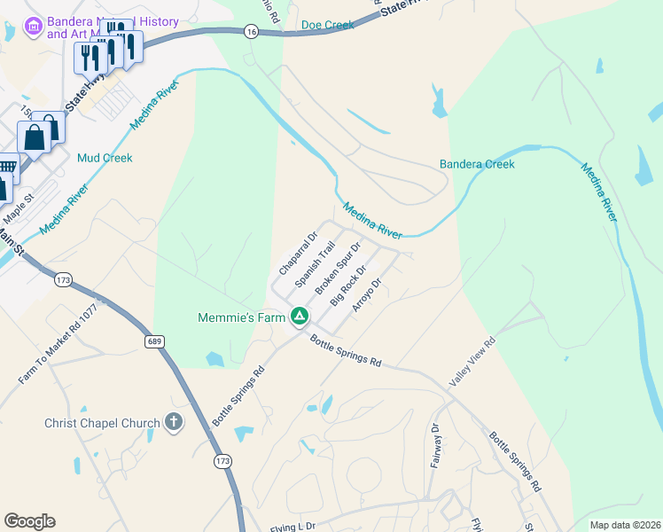 map of restaurants, bars, coffee shops, grocery stores, and more near 270 Spanish Trail in Bandera
