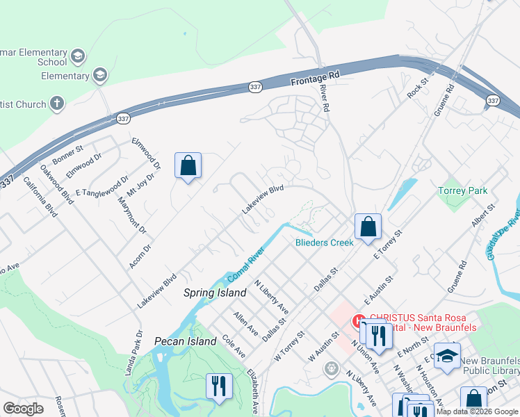 map of restaurants, bars, coffee shops, grocery stores, and more near 559 Lakeview Boulevard in New Braunfels