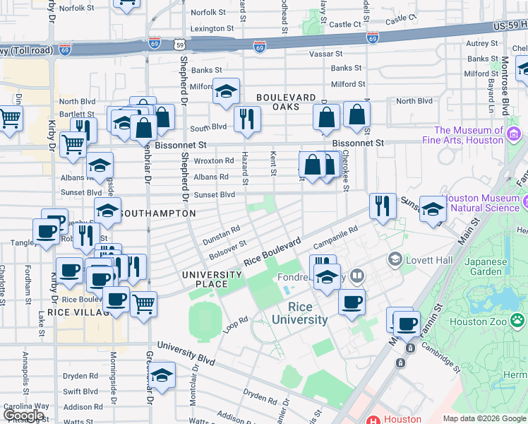 map of restaurants, bars, coffee shops, grocery stores, and more near 1914 Dunstan Road in Houston