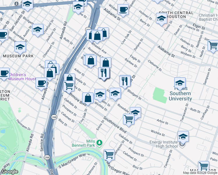 map of restaurants, bars, coffee shops, grocery stores, and more near 4804 Delano Street in Houston