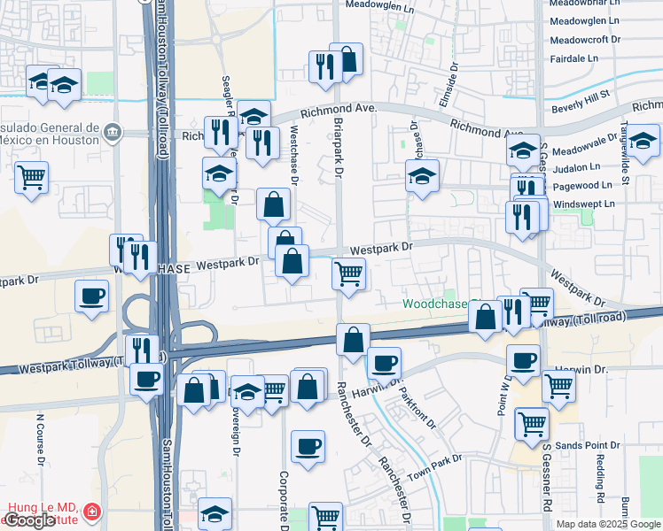 map of restaurants, bars, coffee shops, grocery stores, and more near 10257 Westpark Drive in Houston