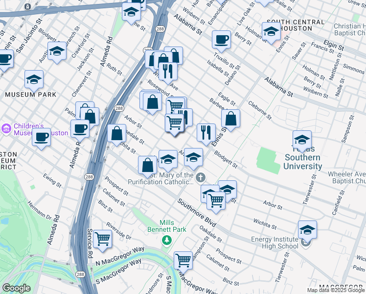 map of restaurants, bars, coffee shops, grocery stores, and more near 4804 Delano Street in Houston