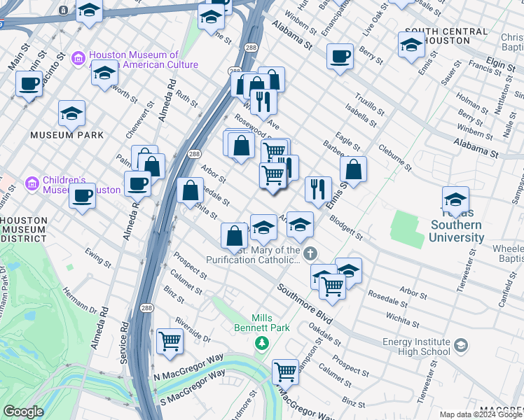 map of restaurants, bars, coffee shops, grocery stores, and more near 2604 Arbor Street in Houston