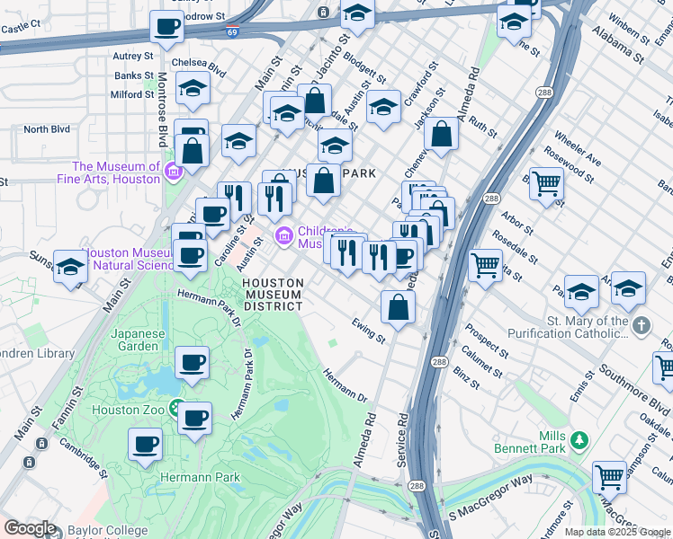 map of restaurants, bars, coffee shops, grocery stores, and more near 1615 Binz Street in Houston