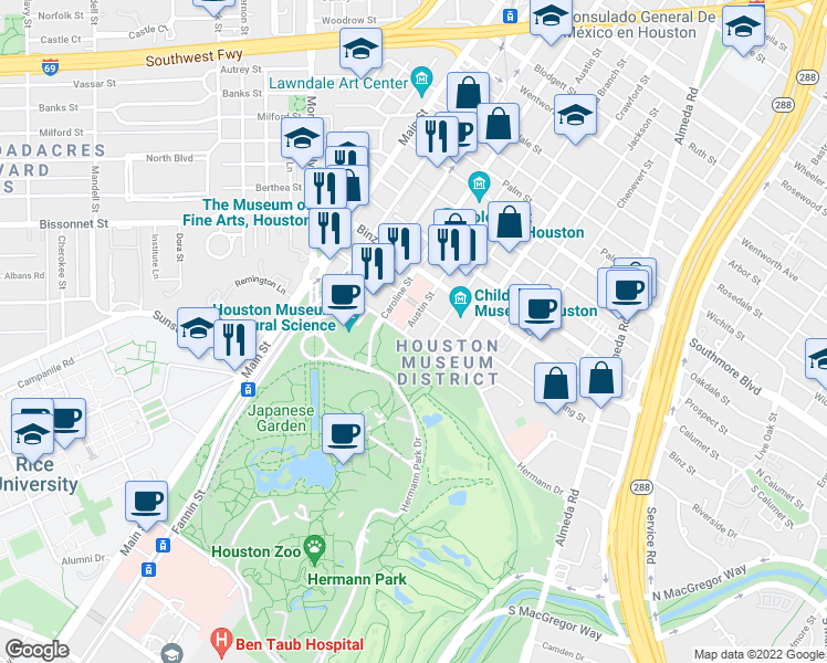 map of restaurants, bars, coffee shops, grocery stores, and more near 1400 Hermann Drive in Houston