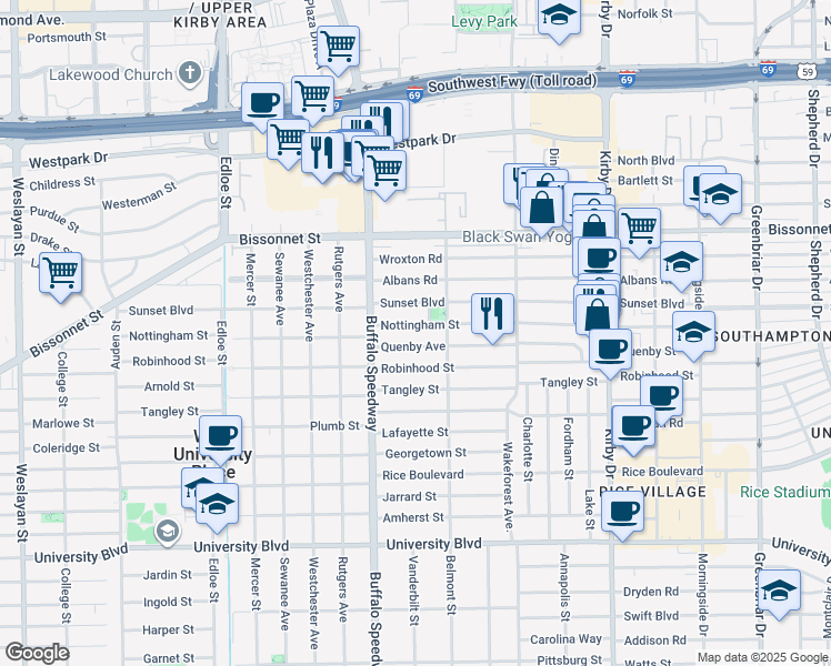 map of restaurants, bars, coffee shops, grocery stores, and more near 3018 Nottingham Street in Houston
