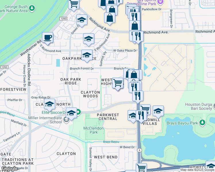 map of restaurants, bars, coffee shops, grocery stores, and more near 3215 Whitebud Drive in Houston