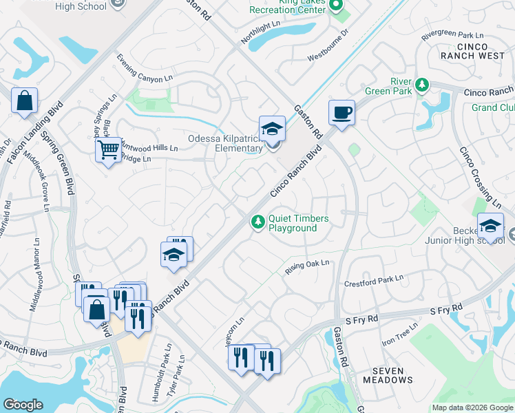 map of restaurants, bars, coffee shops, grocery stores, and more near 26319 Bending Pines Lane in Katy