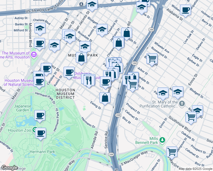 map of restaurants, bars, coffee shops, grocery stores, and more near 1929 Prospect Street in Houston