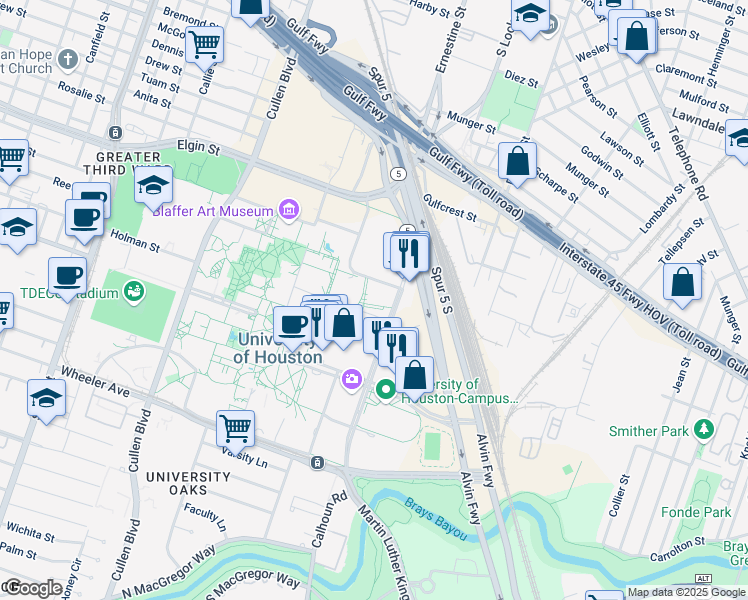 map of restaurants, bars, coffee shops, grocery stores, and more near 4700 Calhoun Road in Houston