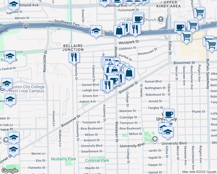 map of restaurants, bars, coffee shops, grocery stores, and more near 5586 Weslayan Street in Houston